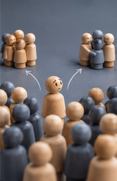 A worried wooden figure in a crowd, with arrows pointing toward two smaller groups